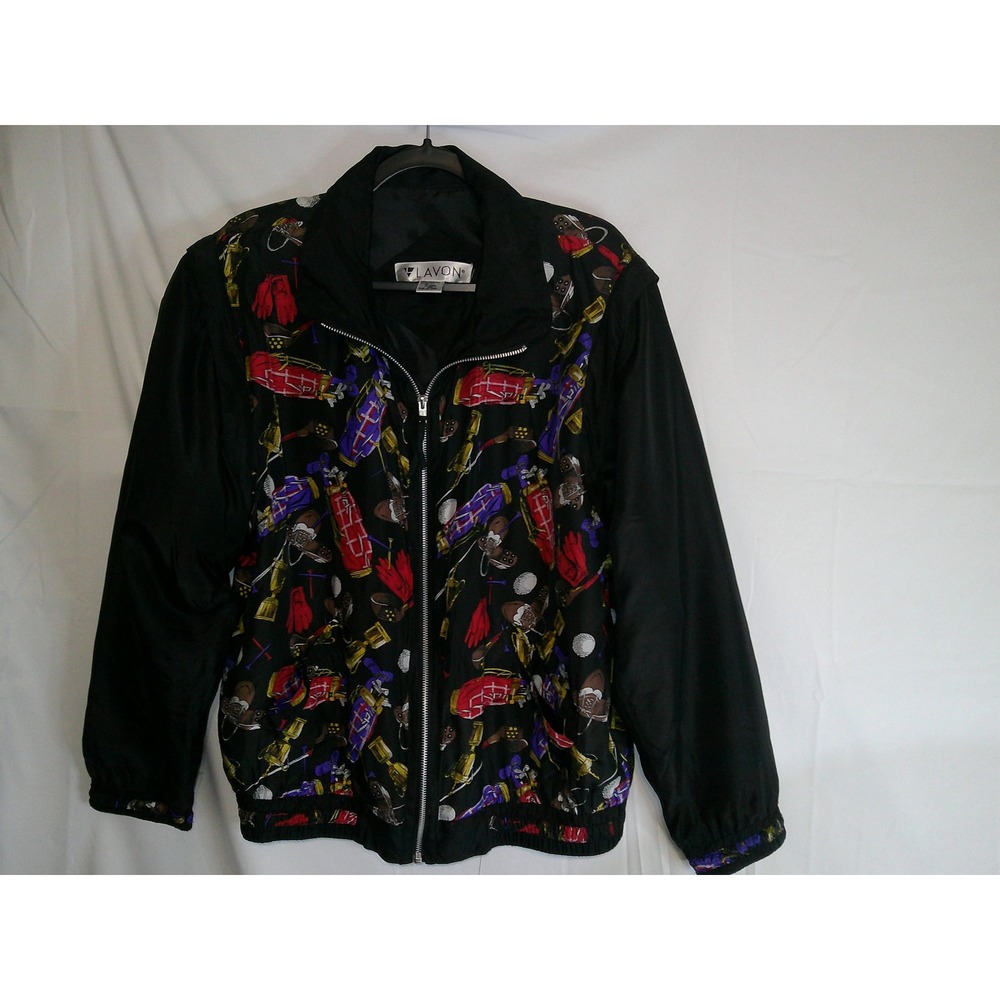 Rare VTG 100% Silk Lavon Women's Golf Print Black Full Zip Windbreaker Jacket M